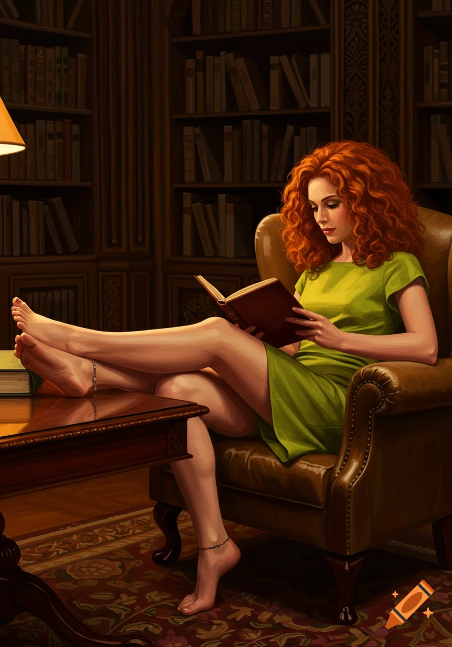 A red-haired woman in a green dress reads a book while sitting in a leather armchair with her bare feet up on a table in a dimly lit library.