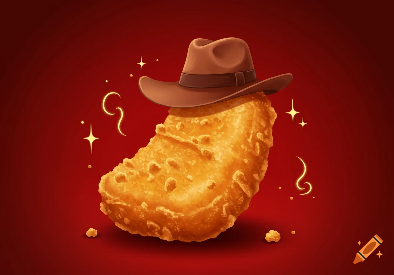 A golden-brown chicken nugget wearing a brown fedora, against a red background with yellow sparkles.