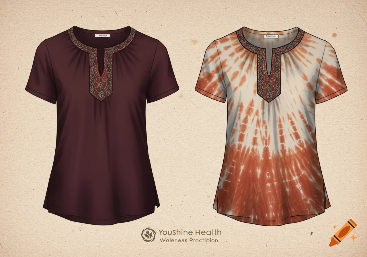 Two illustrated women's tops, one maroon and one orange tie-dye, with embroidered necklines, against a brown background.