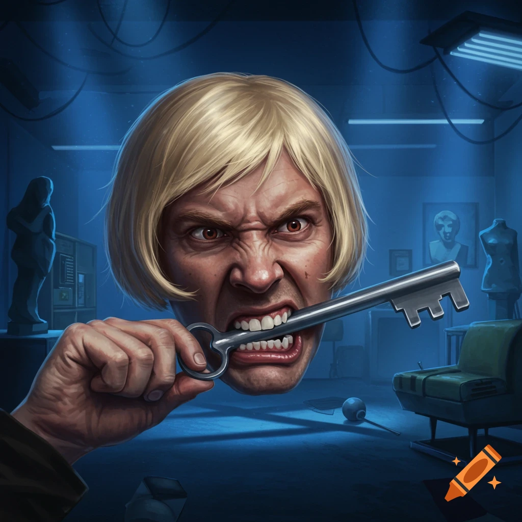 A surreal digital painting of an angry man's disembodied head with blonde hair biting a large metal key, with a hand holding the key, in a dark, blue-lit room.