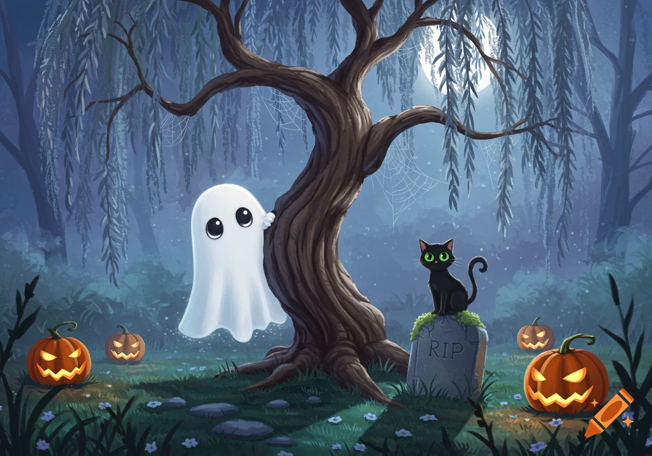 A cute white ghost peeking from behind a large tree, with a black cat on a tombstone and glowing jack-o'-lanterns at night.