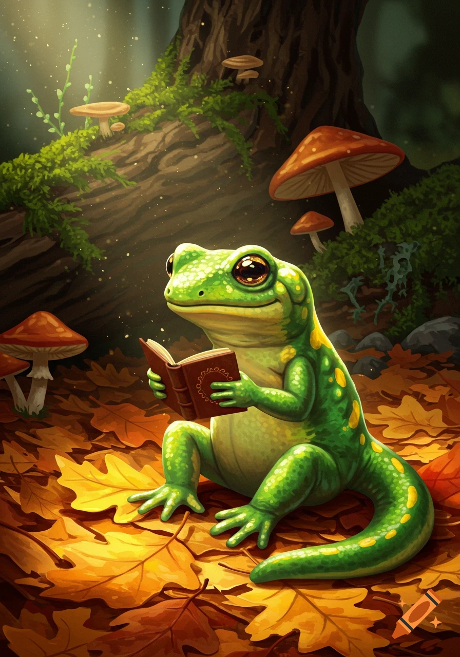 A whimsical green salamander with yellow spots sitting on autumn leaves in a forest, intently reading a brown book.