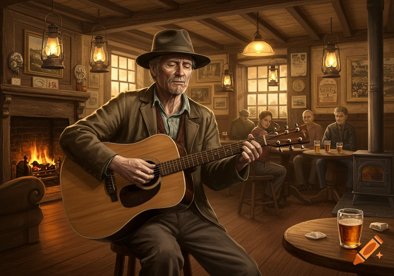 A middle-aged man in a hat plays an acoustic guitar in a rustic, firelit pub, with patrons seated at tables in the background.