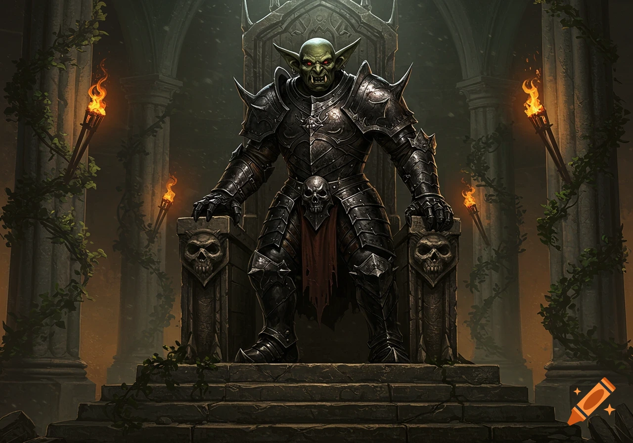 An armored hobgoblin warlord with glowing red eyes stands menacingly on a skull-adorned throne platform in a dark, torch-lit fantasy hall.