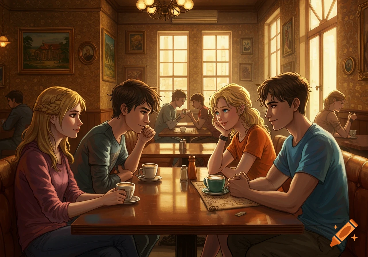 Four young adults, two boys and two girls, in an anime-style illustration, are sitting and conversing at a table in a warm, brightly lit cafe. Other patrons are visible in the background.