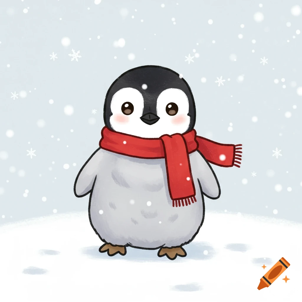 A cute cartoon baby penguin wearing a red scarf stands on snowy ground with snowflakes falling.
