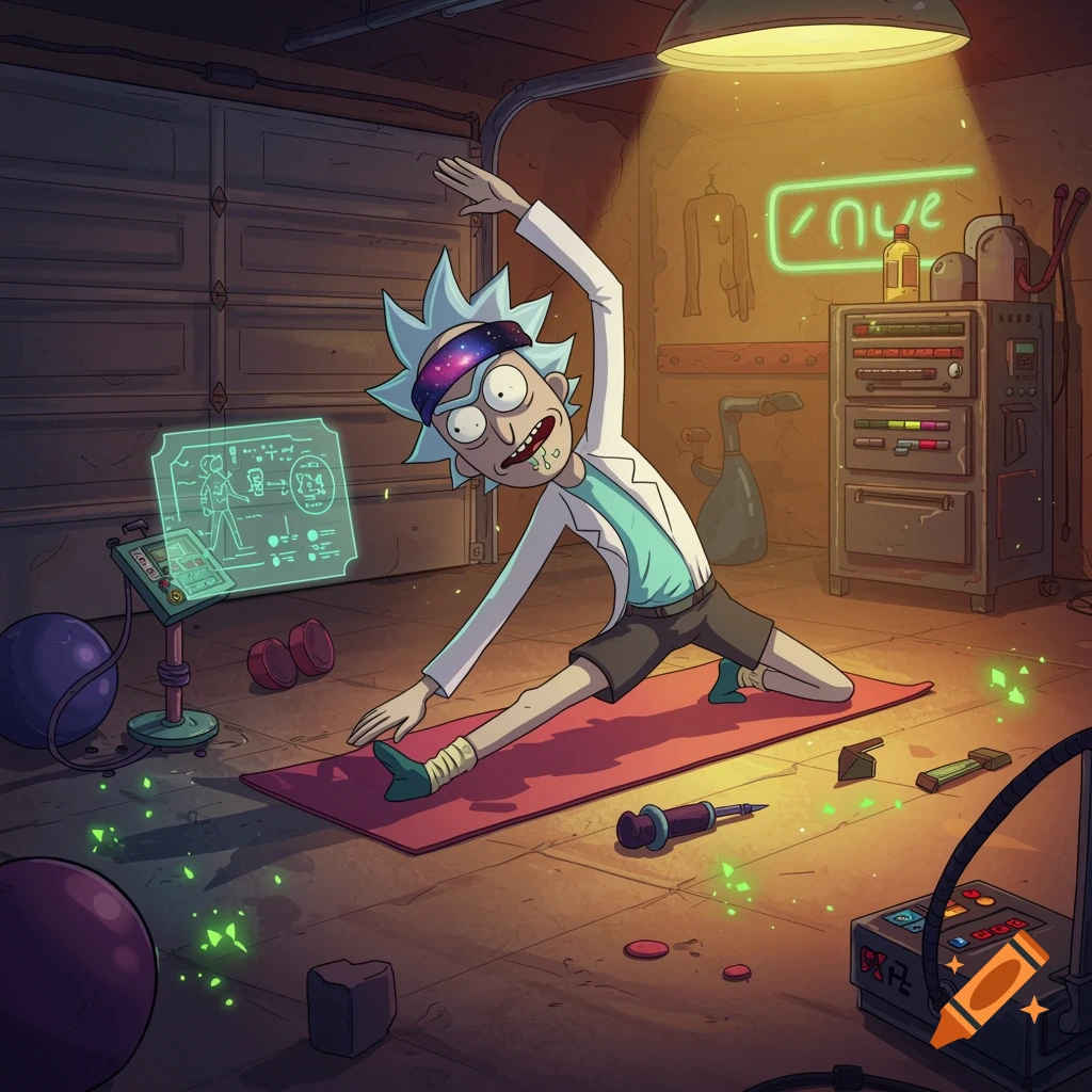 Rick Sanchez in a cartoon style doing a yoga pose on a mat in a cluttered garage, illuminated by a bright overhead light and neon signs.
