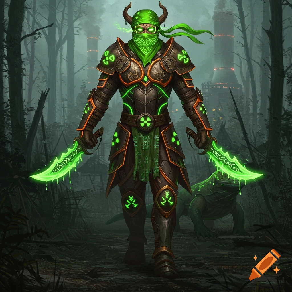 An armored warrior with a green bandana, glowing green armor, and two luminous green daggers stands in a dark forest, a nuclear facility and a Komodo dragon in the background.