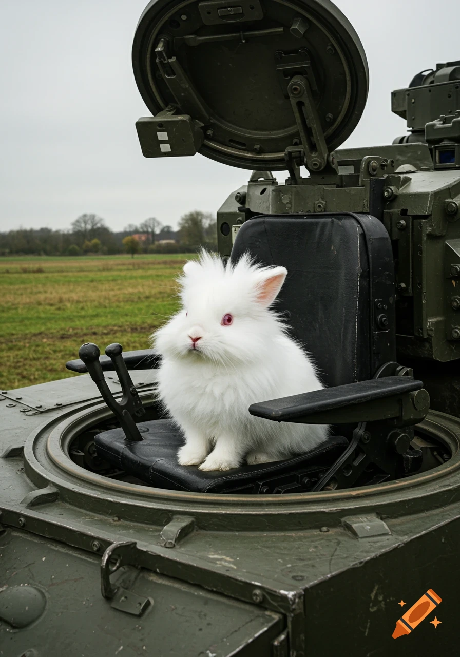 A fluffy white rabbit with pink eyes sits in the open hatch of a military tank in a grassy field, under an overcast sky.
