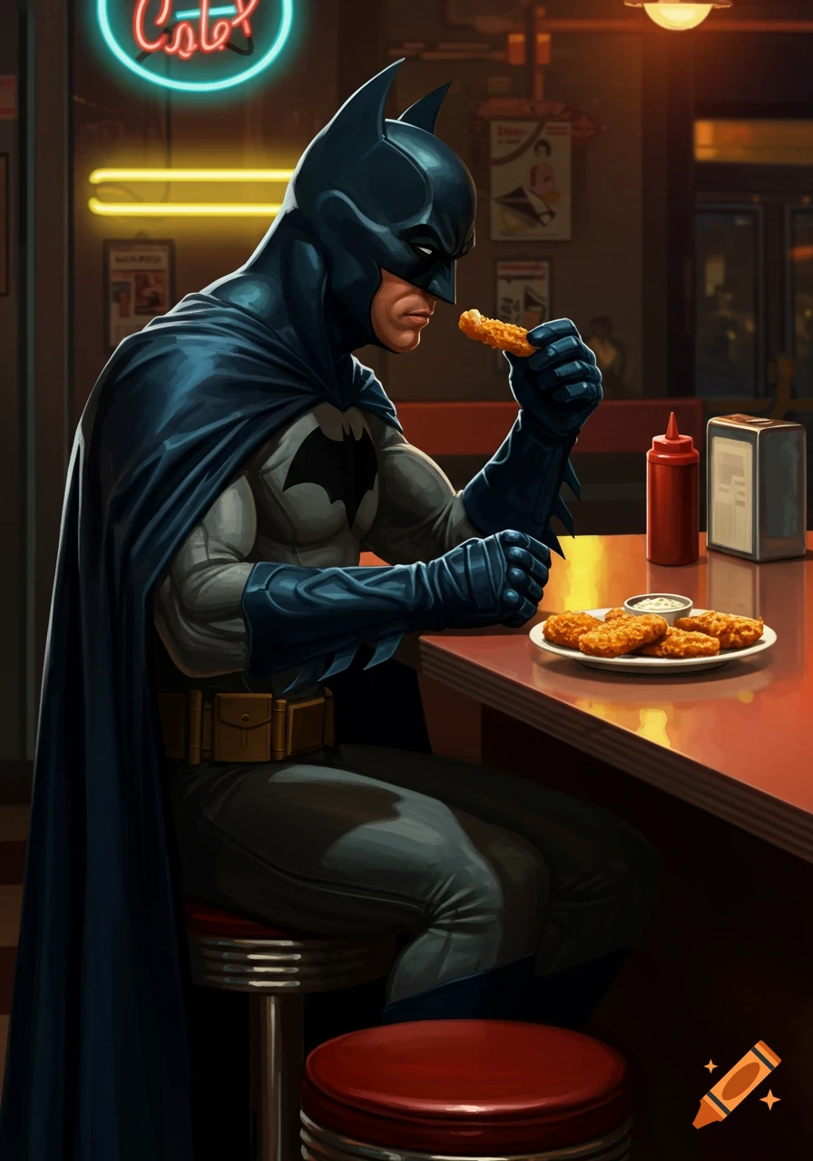 Batman in his suit sits at a diner counter, eating a fried chicken or fish finger, depicted in a detailed comic art style.