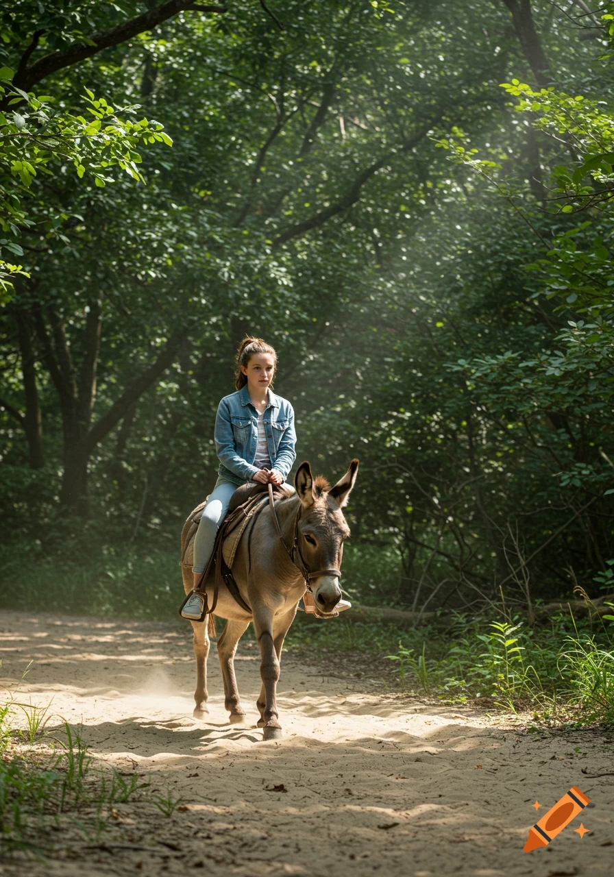A white teenage girl riding a donkey on a sandy path through a dense, sunlit forest.