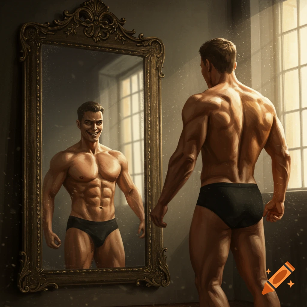 A muscular man stands facing away from an ornate mirror, looking at his reflection which has a sinister, evil grin.