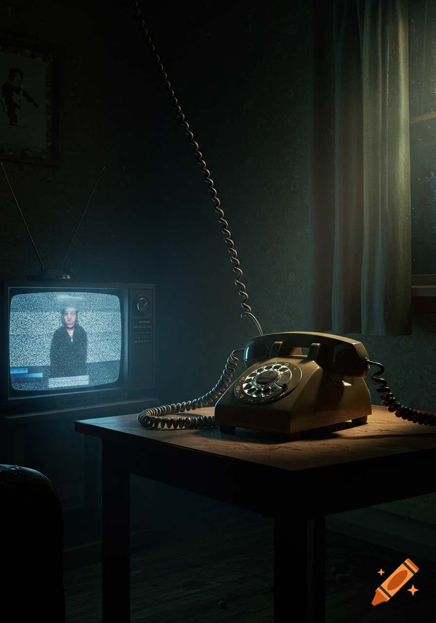 Rotary phone on a table next to a static-filled television in a dimly lit, vintage-style room.
