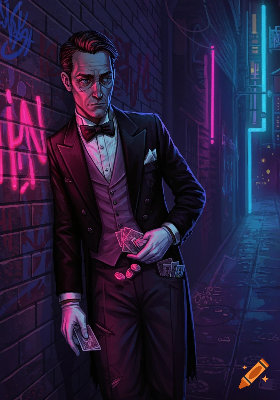 A stylized digital painting of a magician in a frayed tuxedo, holding playing cards and coins, leaning against a graffiti-covered wall in a neon-lit urban alley.