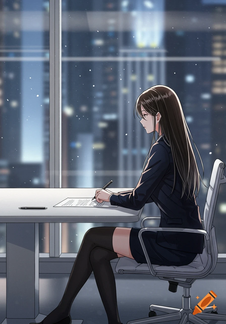 Manga-style illustration of a woman in a business suit writing at a desk by a window overlooking a city at night.