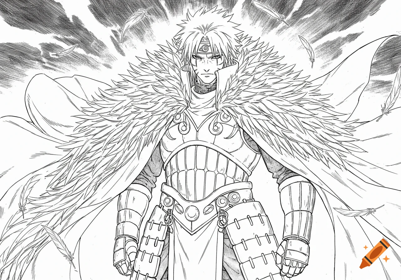 Anime style line art of a male character with spiky hair, wearing heavy armor and a large feather cloak, with feathers falling around him.