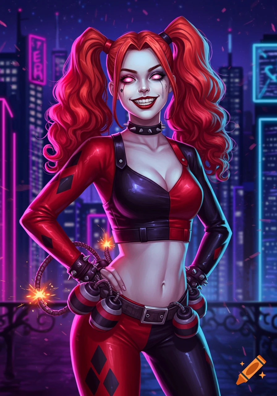 A stylized digital art illustration of a red-haired character resembling Harley Quinn, wearing a red and black outfit with pigtails, holding bombs with sparking fuses, standing in a neon-lit city at night.