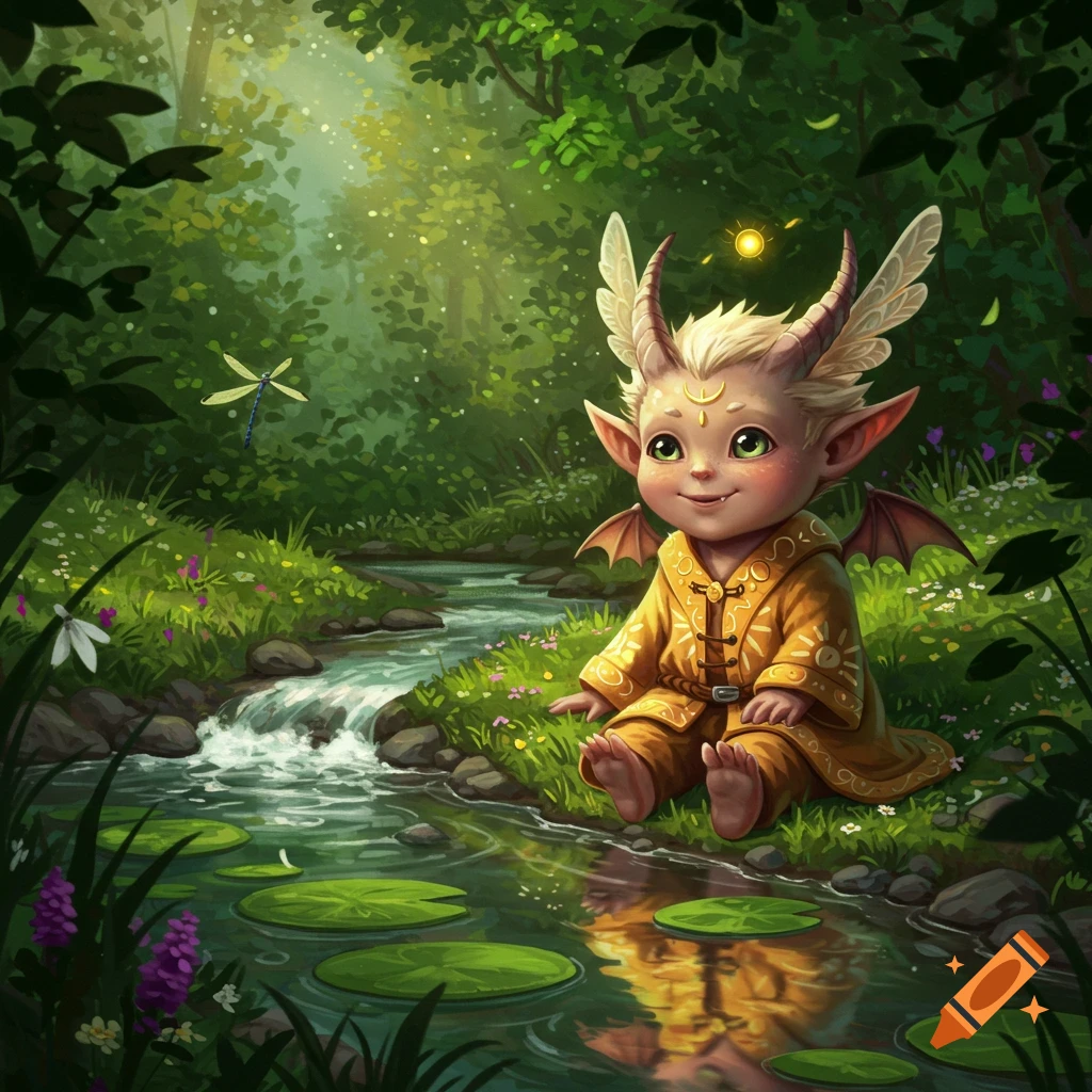 A cute horned, winged creature in a yellow robe sits by a forest stream with lily pads.