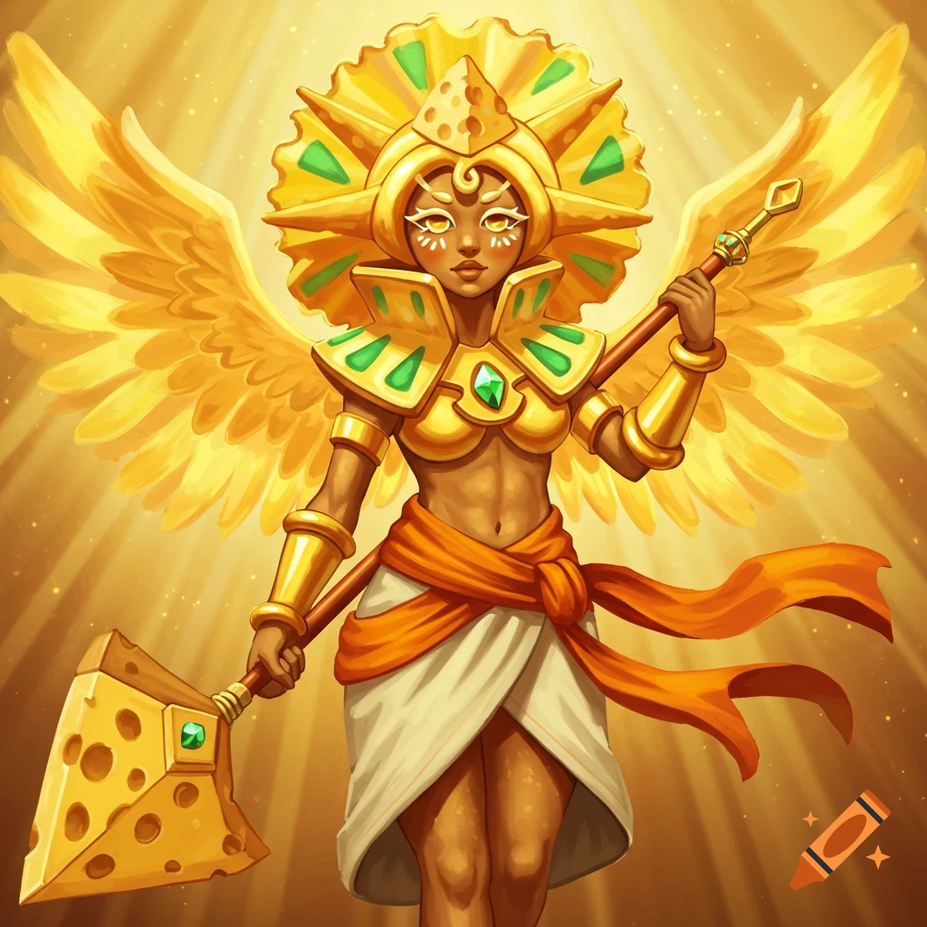 A stylized illustration of a female fantasy character with golden wings, a cheese headdress, and a cheese-bladed spear, bathed in golden light.