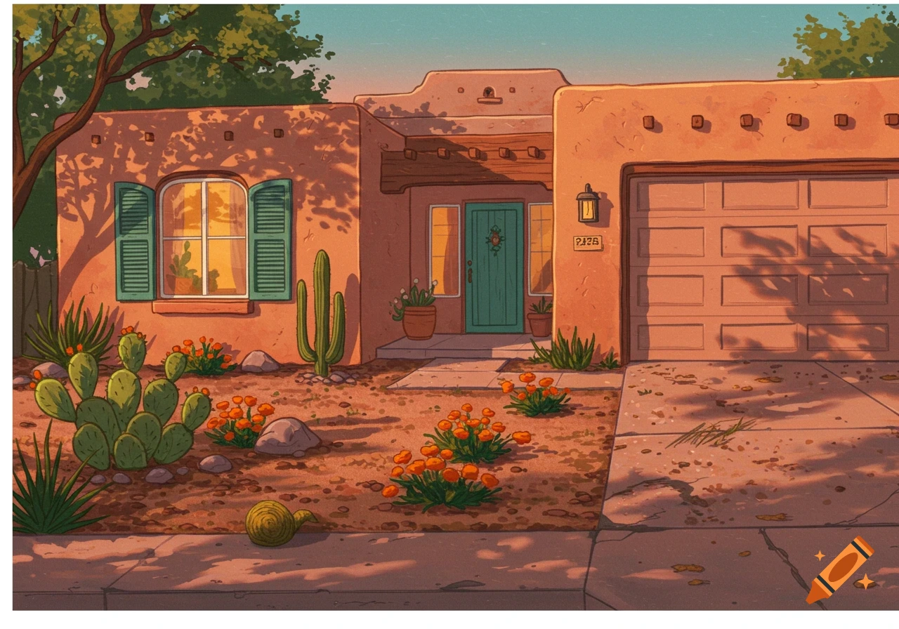 An illustration of a 1990s Arizona home with a stucco exterior and a teal door, surrounded by cacti and desert plants under warm sunlight.