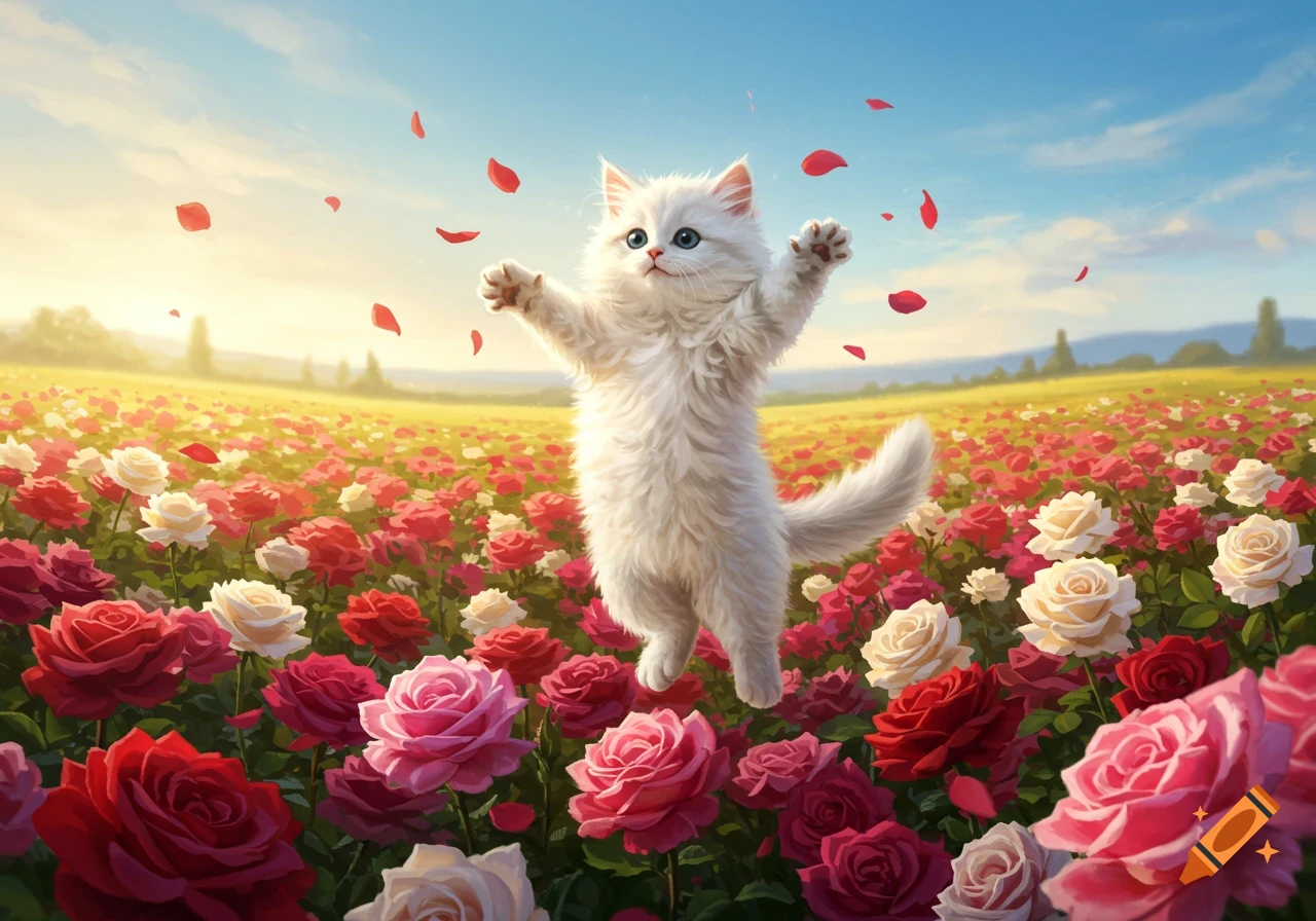 A fluffy white kitten stands on its hind legs in a vibrant field of red, pink, and white roses with petals falling around it.