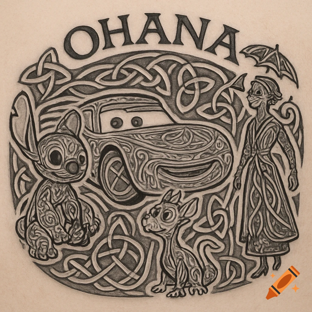 Celtic knot style illustration featuring Stitch, Lightning McQueen, a creature resembling Figment, and a woman like Mary Poppins, with 'OHANA' at the top.