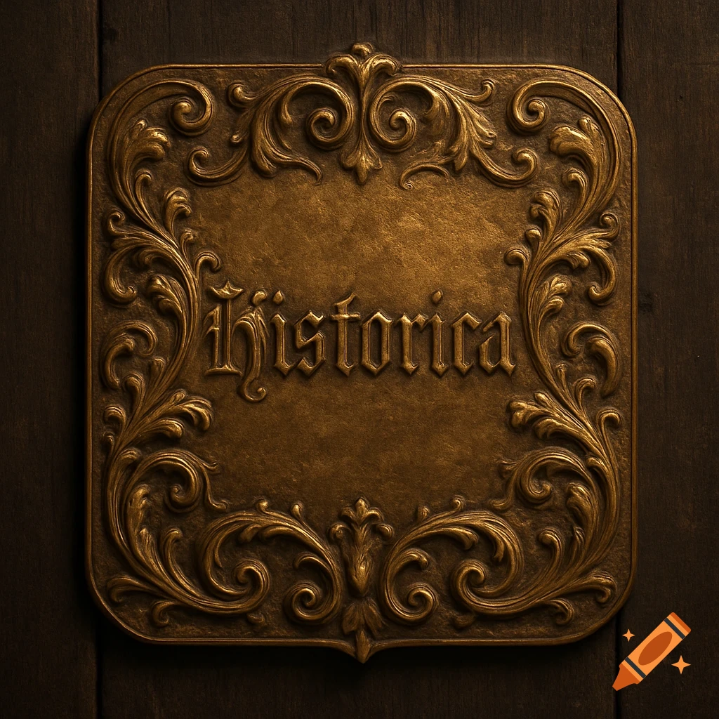 An ornate brass plaque with scrollwork, featuring the embossed word 'Historica' in a gothic font, on a dark wooden background.