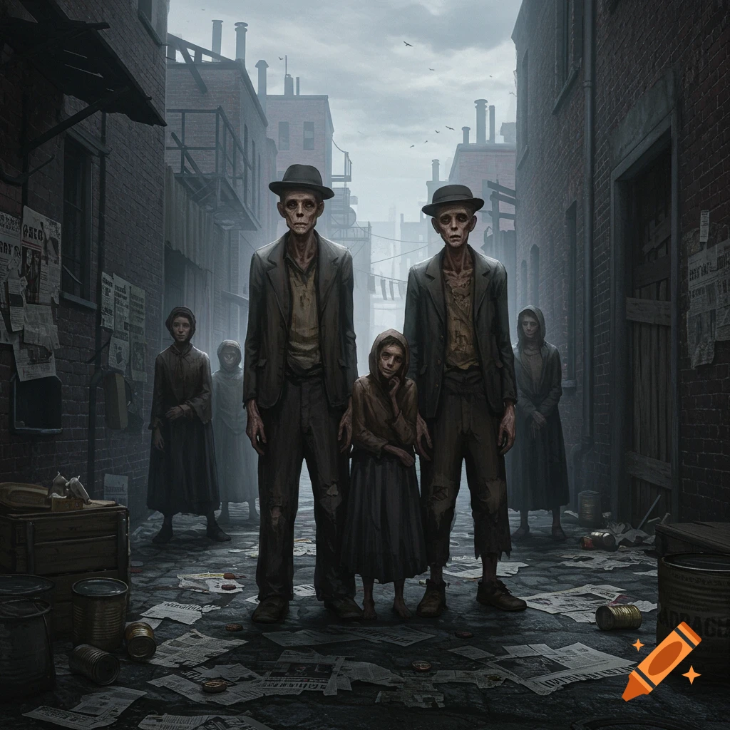 A family with gaunt, skeletal faces stands in a dark, grimy alleyway filled with scattered papers and old buildings, depicting poverty.