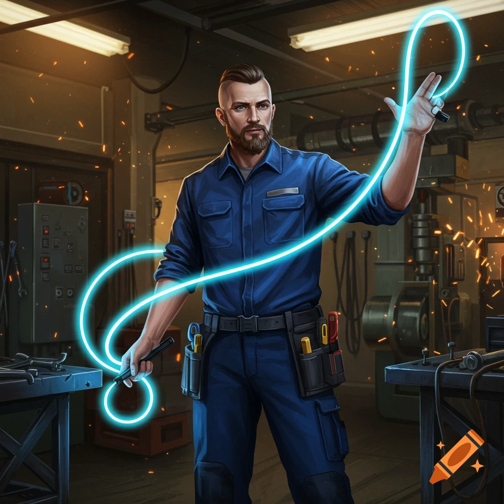 A male electrician in blue overalls holds a glowing blue energy line in a busy workshop, rendered in a detailed digital art style.