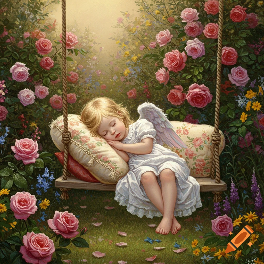 Dreamy digital painting of a blonde child with angel wings sleeping on a swing in a lush garden filled with pink roses and wildflowers.
