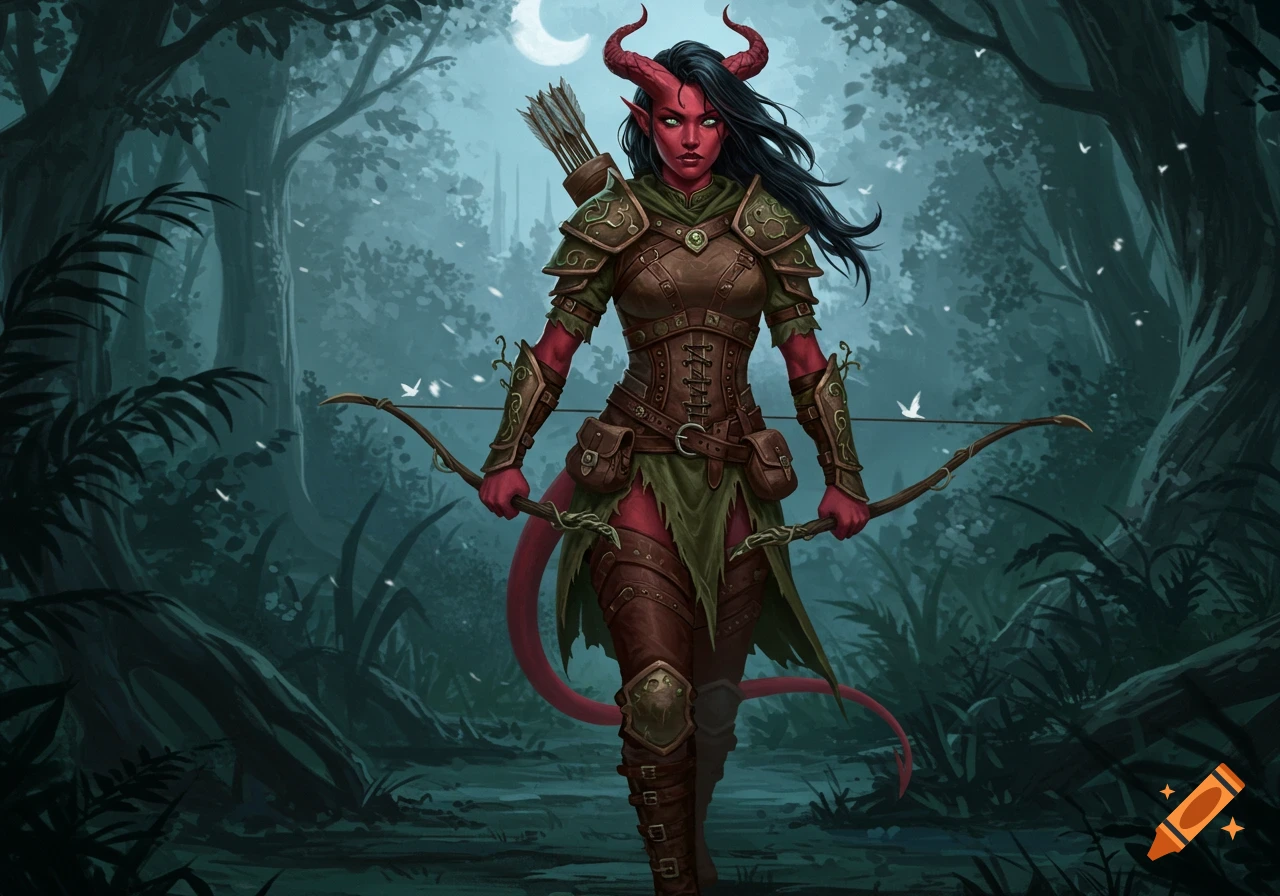 A red-skinned female tiefling ranger in leather armor, holding a bow, stands in a dark forest under a crescent moon.