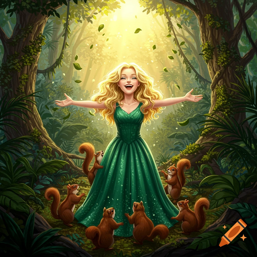 A blonde woman in a green dress with outstretched arms smiles amidst squirrels in a sunlit, vibrant forest.