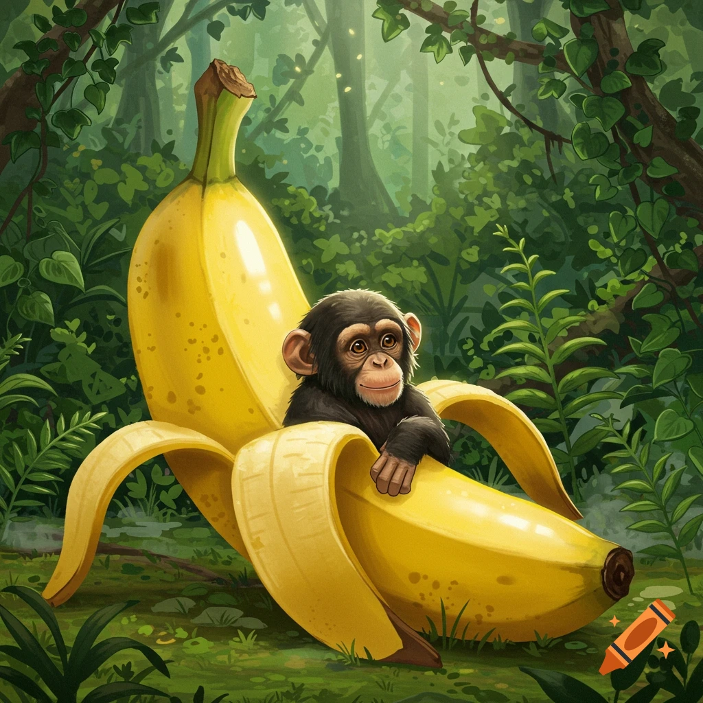 A cute chimpanzee sits inside a giant peeled banana in a lush jungle with trees and foliage.