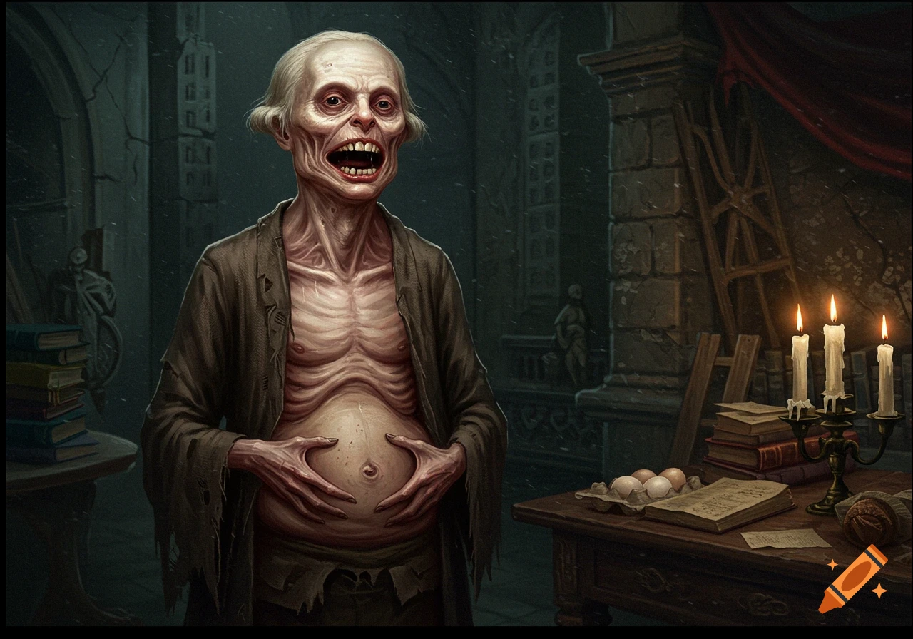 An emaciated, pale man with prominent ribs and a distended stomach stands in a dark, atmospheric room with candles and books.