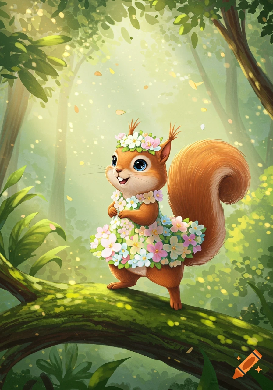 A cute animated squirrel wearing a dress made of colorful flowers stands on a mossy tree branch in a sunlit forest.