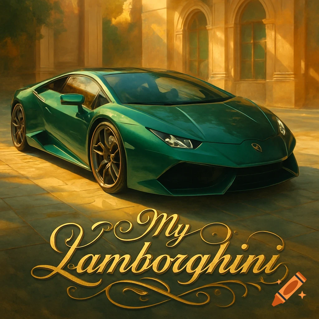 A green Lamborghini sports car parked in front of a golden, classical building, with ornate gold text 'My Lamborghini' below.