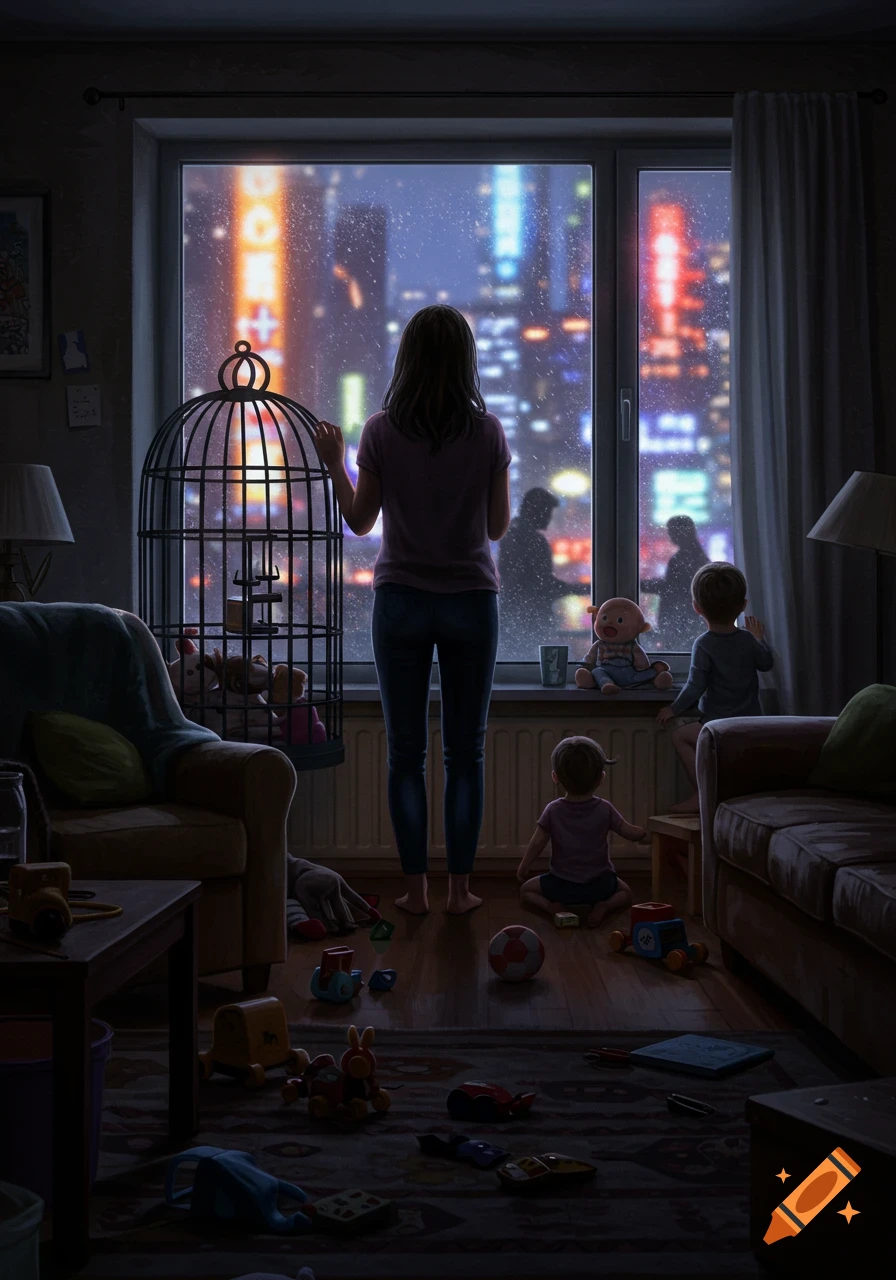 A mother stands looking out a window at a rainy city night, with her two children playing on the floor in a dimly lit, toy-strewn room. A large birdcage is to her left.