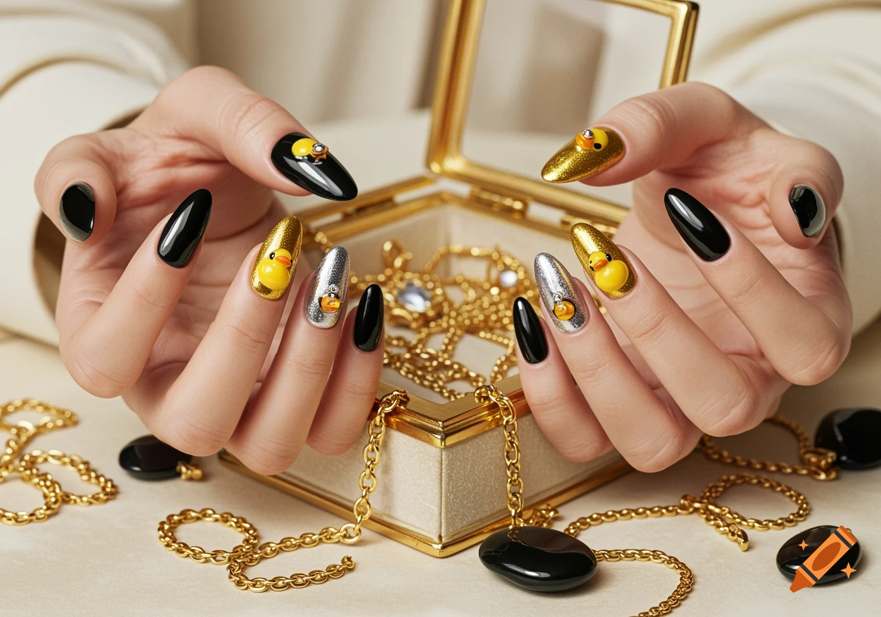 Close-up of hands with black, gold, and silver almond-shaped nails featuring rubber ducky designs, surrounded by gold chains and a jewelry box.