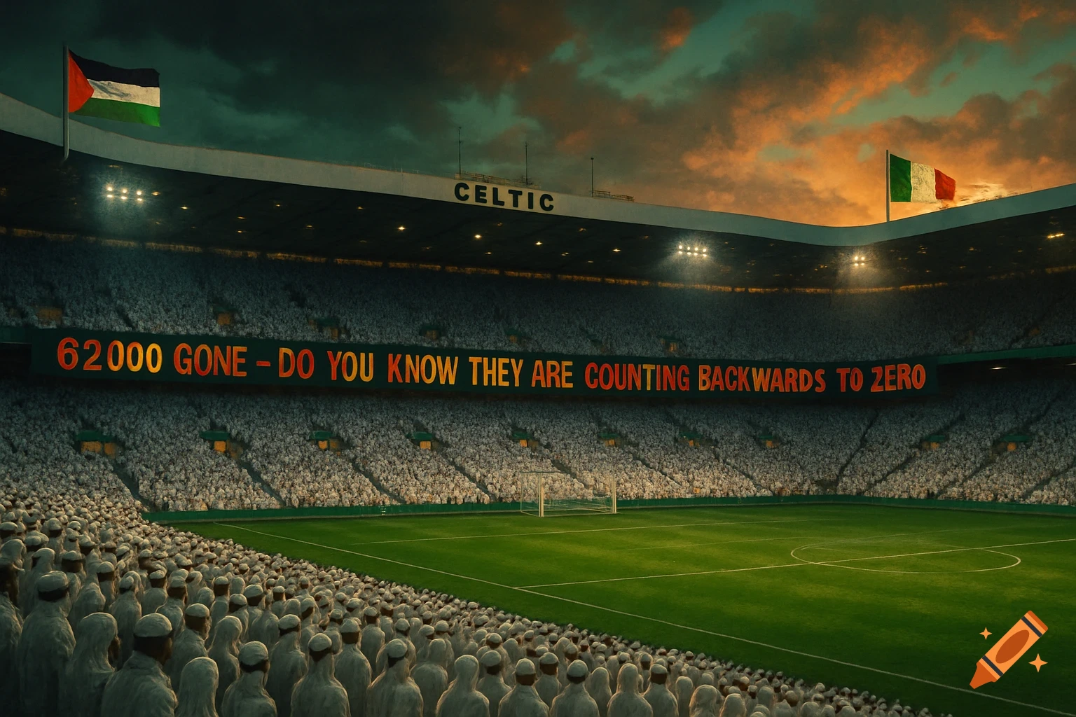 A photorealistic image of a crowded football stadium at dusk, with a large banner displaying '62000 GONE - DO YOU KNOW THEY ARE COUNTING BACKWARDS TO ZERO'. Palestinian and Italian flags fly at each end, and the stadium sign reads 'CELTIC'.