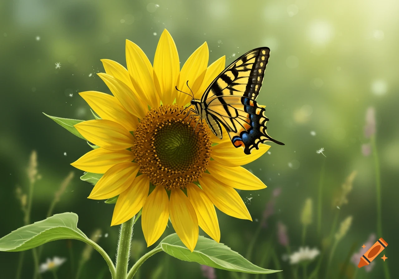 A swallowtail butterfly rests on a vibrant yellow sunflower in a bright green field.