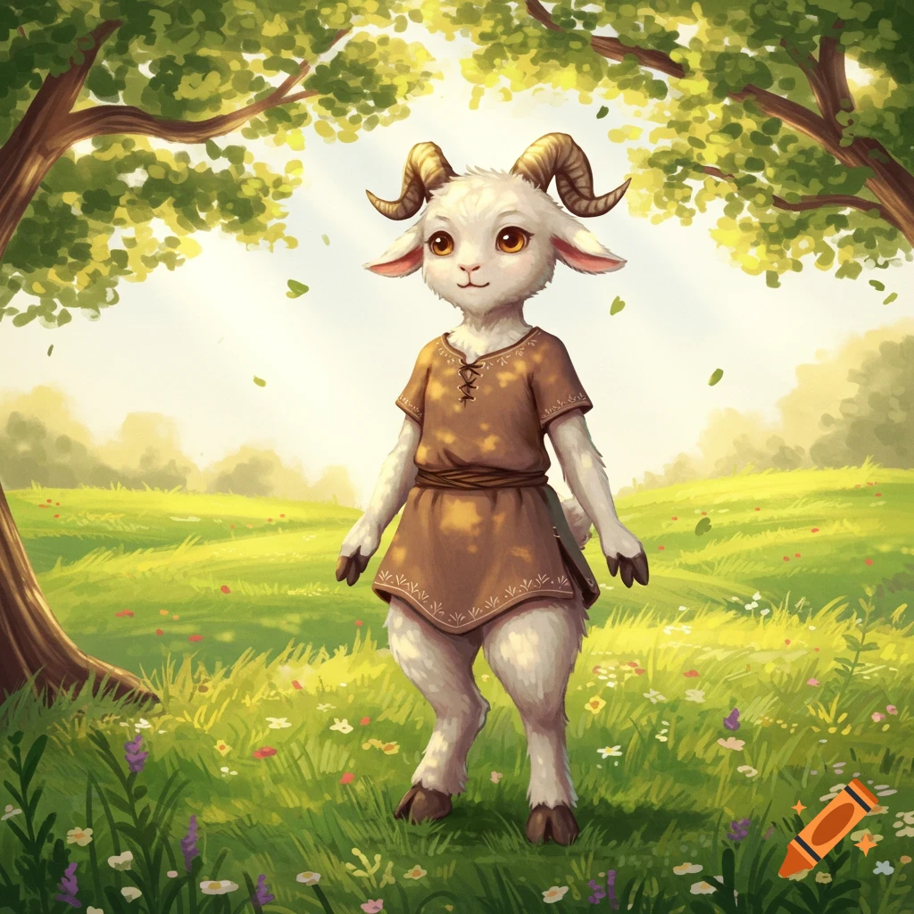A cute, furry, anthropomorphic goat character wearing a brown tunic stands in a sunny, green meadow with trees.