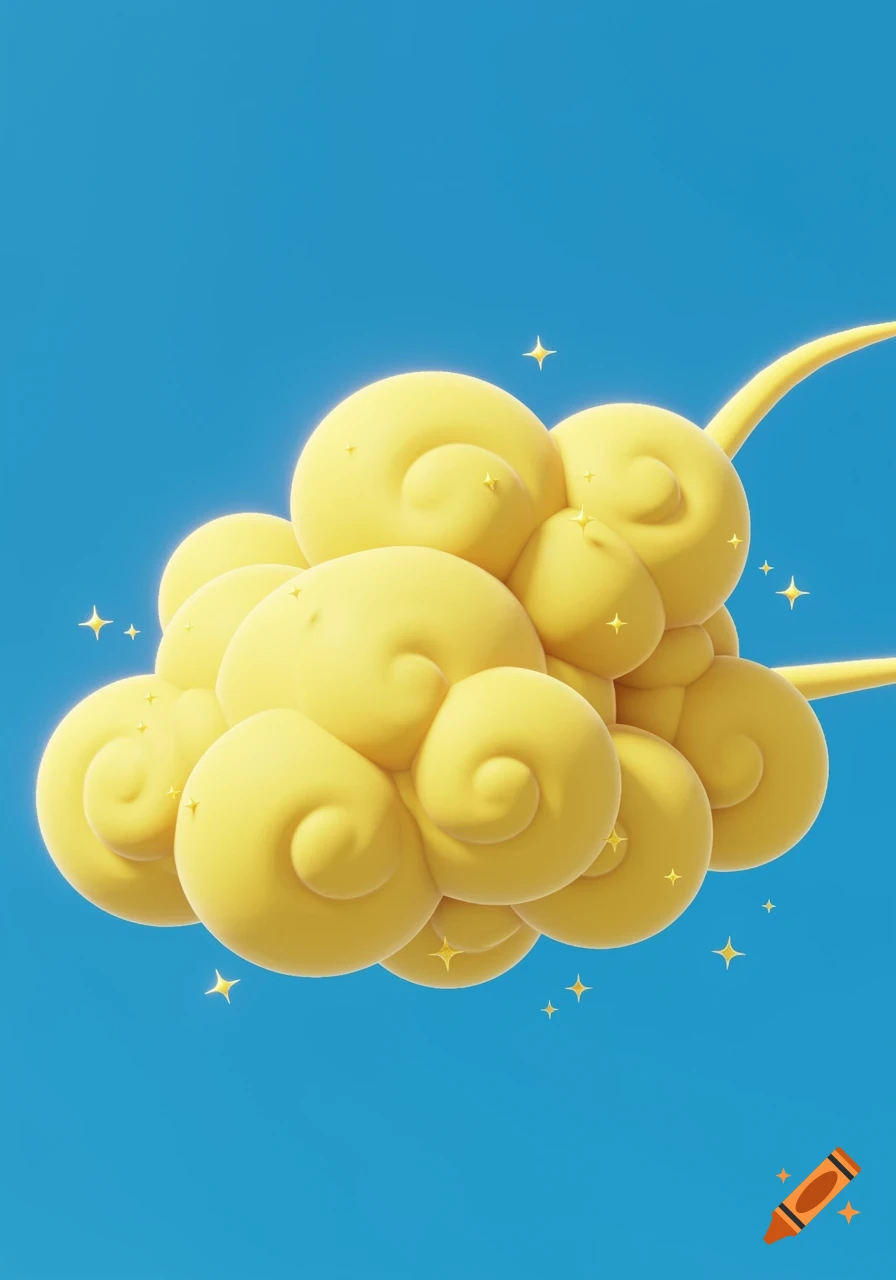 A bright yellow, cartoon-style cloud with swirl patterns and small golden stars floating in a clear blue sky.