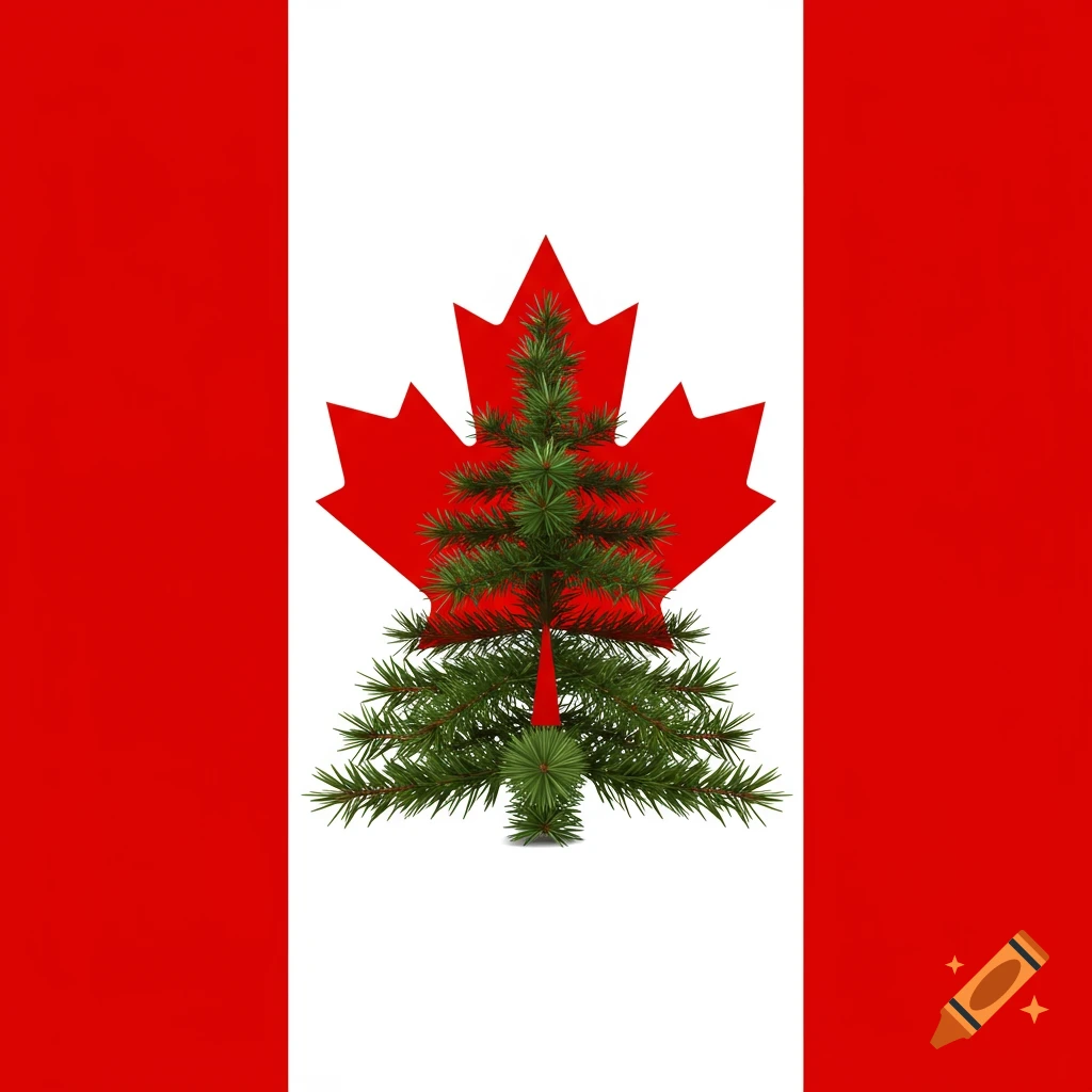 A Canadian flag with a green Christmas tree replacing the maple leaf in the center.