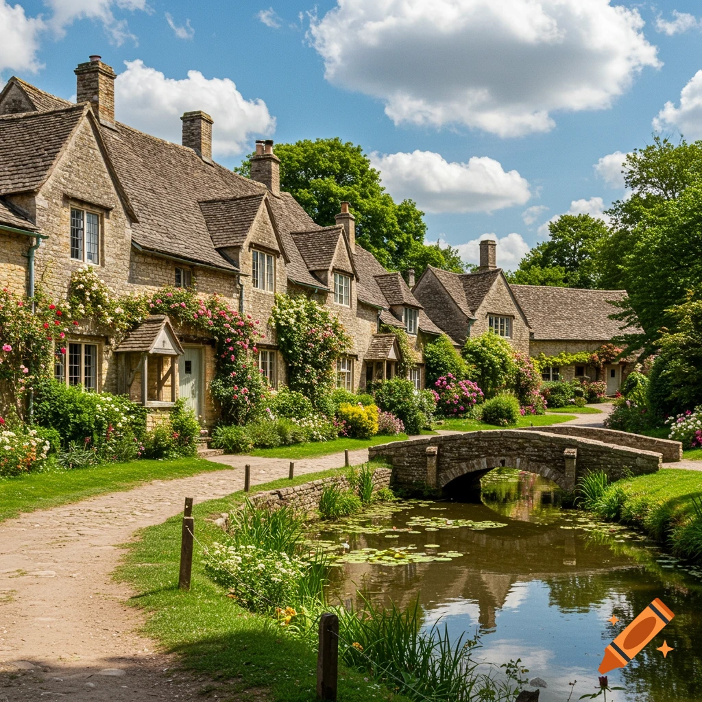 A picturesque stone village with ivy-covered cottages, a stream with a stone bridge, and lush green gardens under a blue sky.