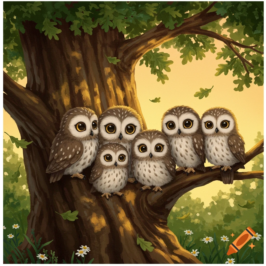 A group of six adorable cartoon owls with big eyes sitting on a tree branch, surrounded by green leaves under a golden sky.