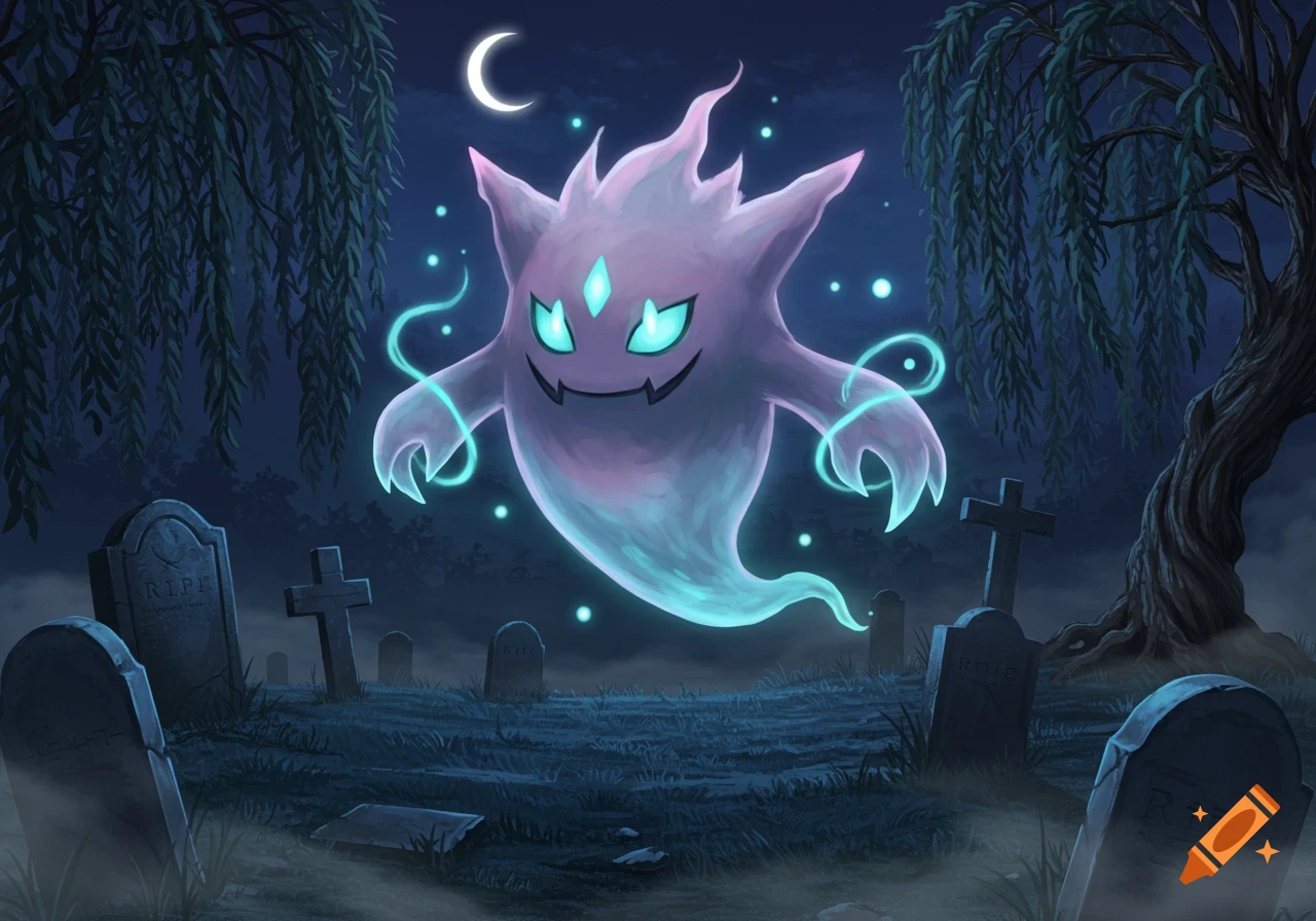 A glowing purple and blue ghost floats in a spooky graveyard at night under a crescent moon, surrounded by tombstones and weeping willow trees in a cartoonish art style.