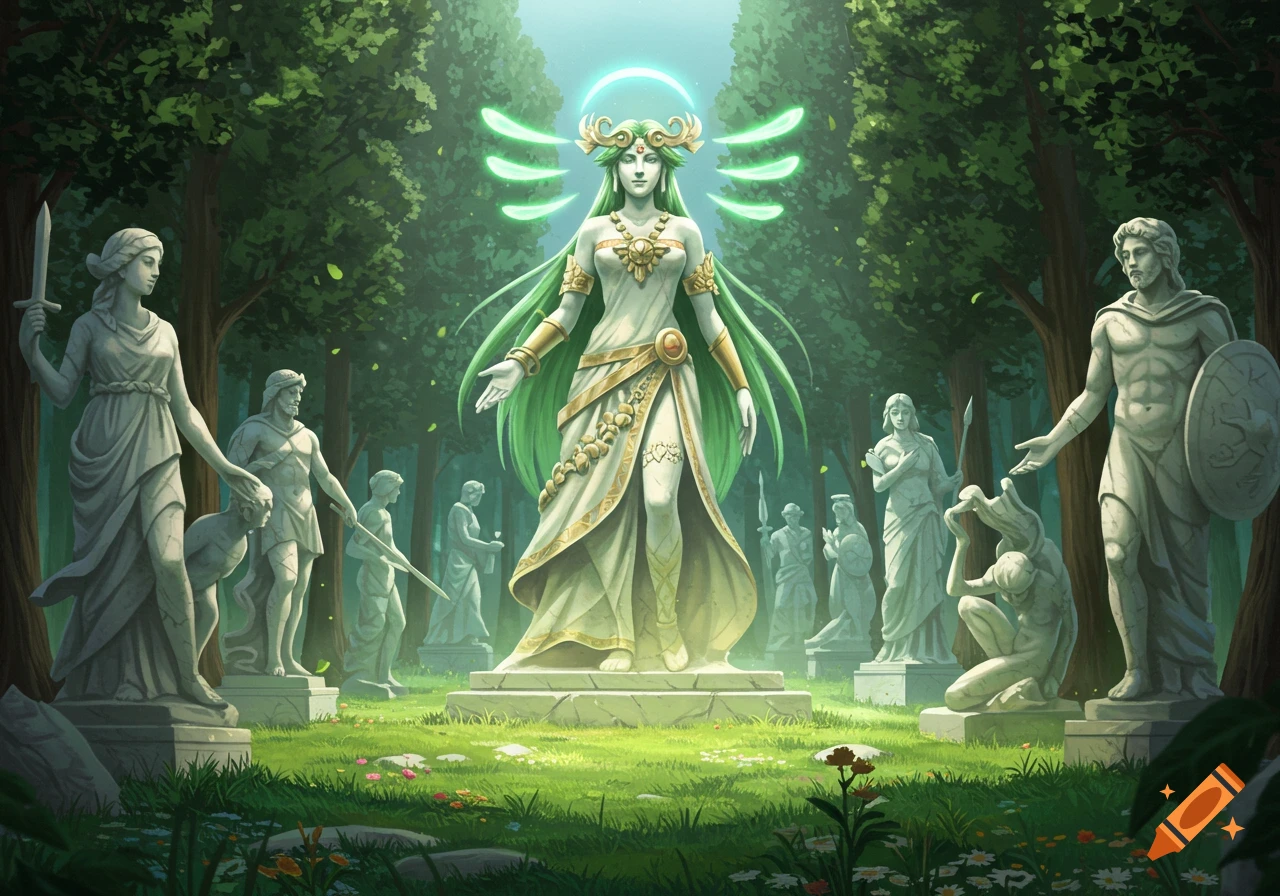 A mystical digital painting of Palutena as a goddess statue glowing green, surrounded by other stone statues in a sunlit green forest.