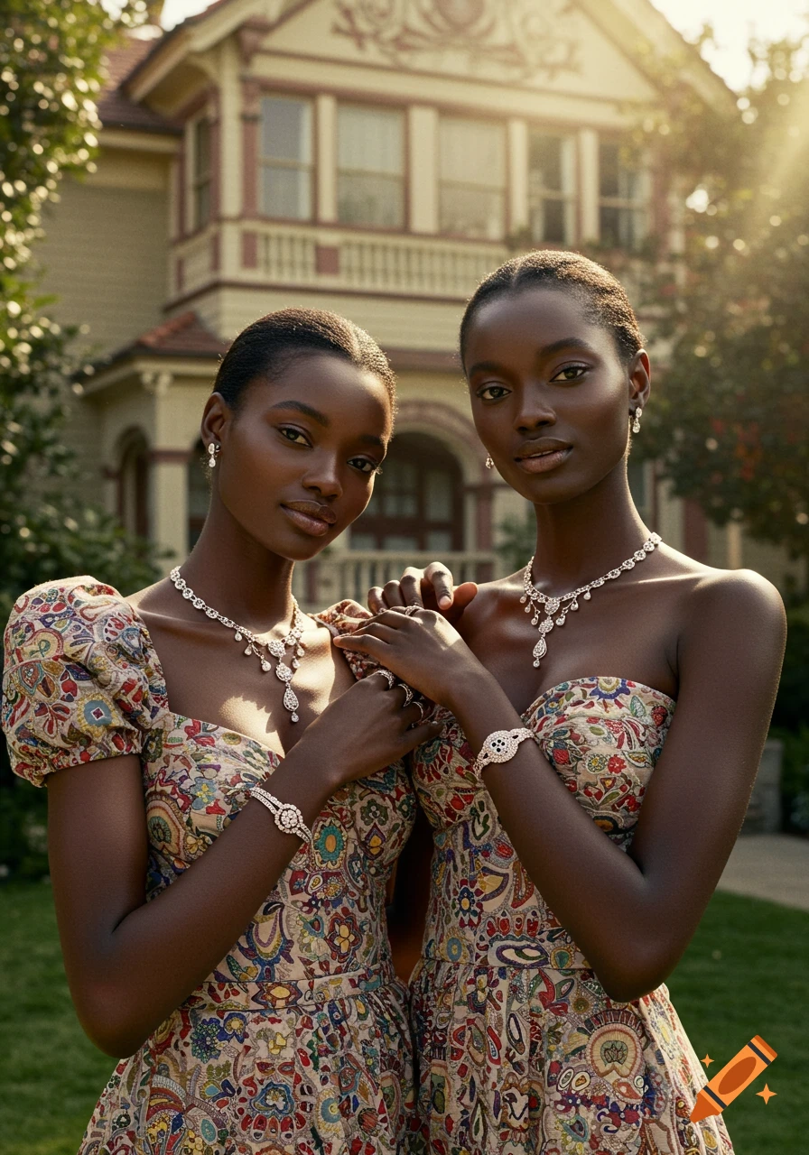 Two photorealistic Black women pose outdoors in front of a Victorian house, wearing intricate dresses and elaborate diamond jewelry in warm sunlight.