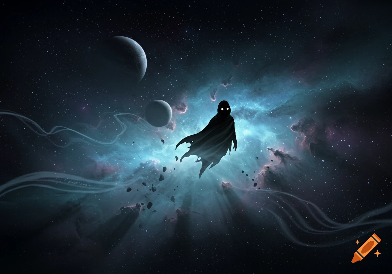 A dark, cloaked figure with glowing eyes floats in a blue nebula-filled space with planets.