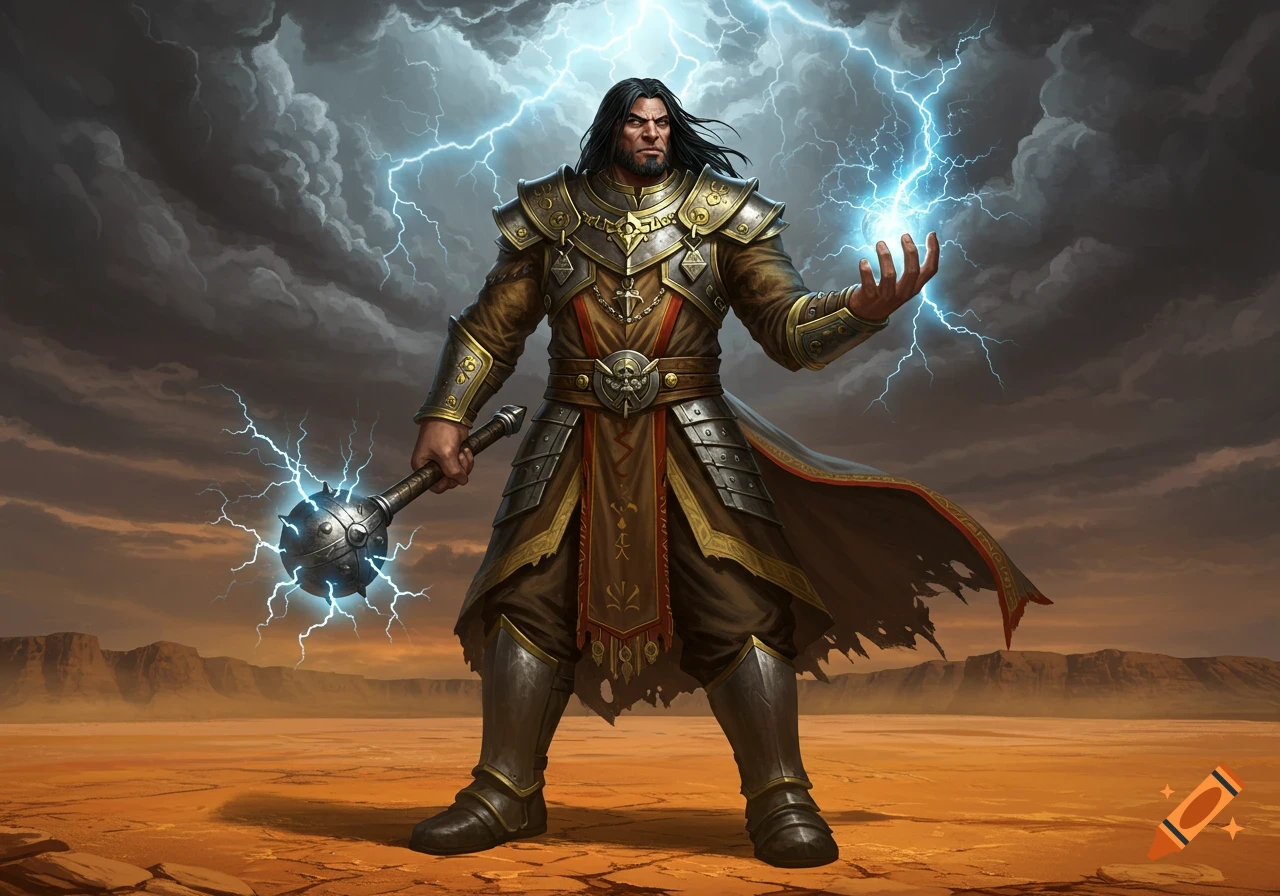 A powerful fantasy warrior in ornate armor wielding a lightning-charged mace in a desert under a stormy sky.